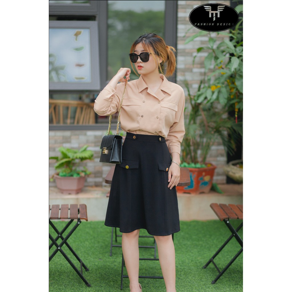 Chân váy Thiết kế công sở dáng dài 2 nắp túi phối cúc đồng CV03-HTDesign | BigBuy360 - bigbuy360.vn