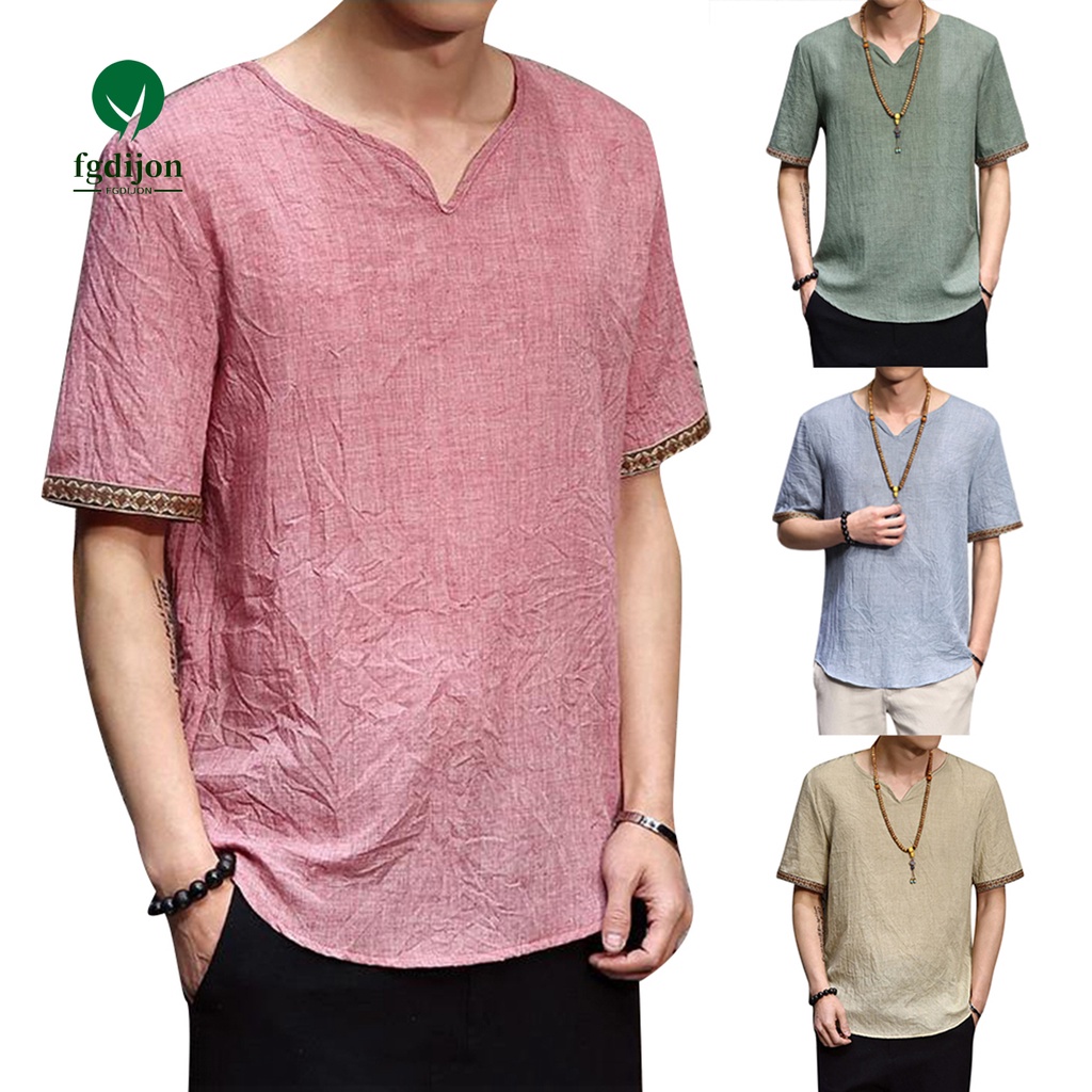 Áo Sơ Mi Vải Lanh Plus Size Tay Ngắn Cổ Chữ V Phong Cách Retro Cho Nam