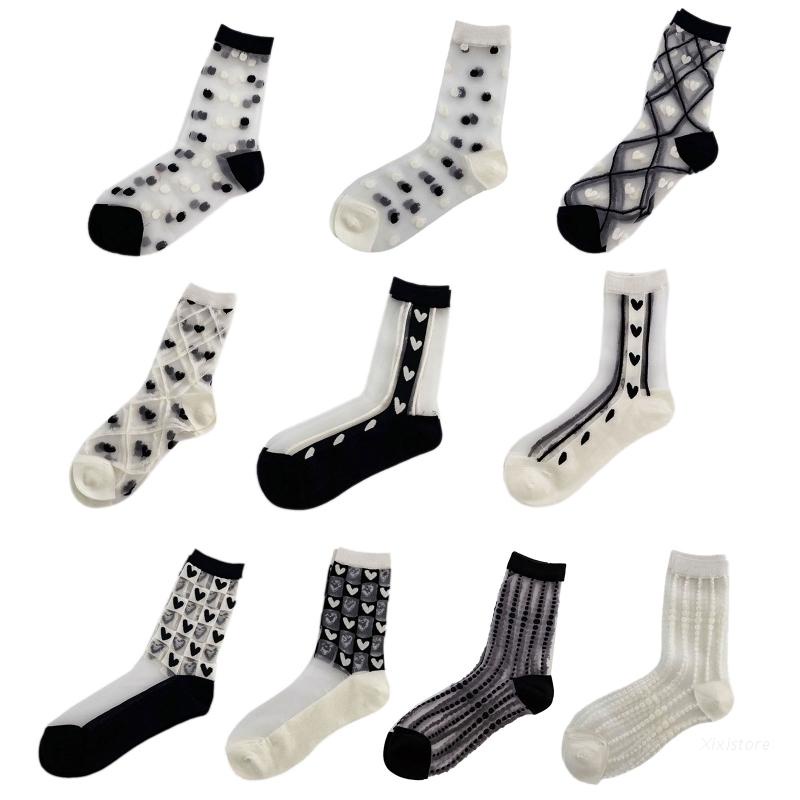 XIXI 1 Đôi Tất Chấm Bi Trắng Đen Phong Cách Lolita Thời Trang