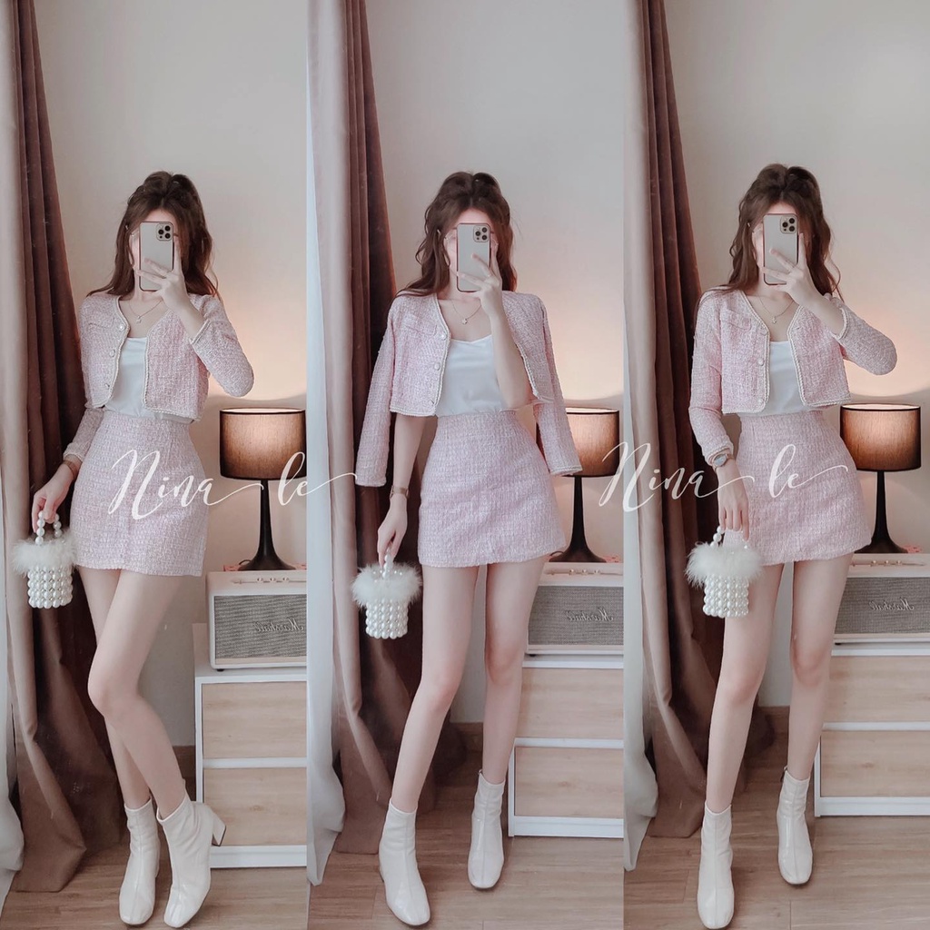 Set dạ tweed tiểu thư 2 lớp, Set dạ nữ phối chân váy chữ A- December Fashion