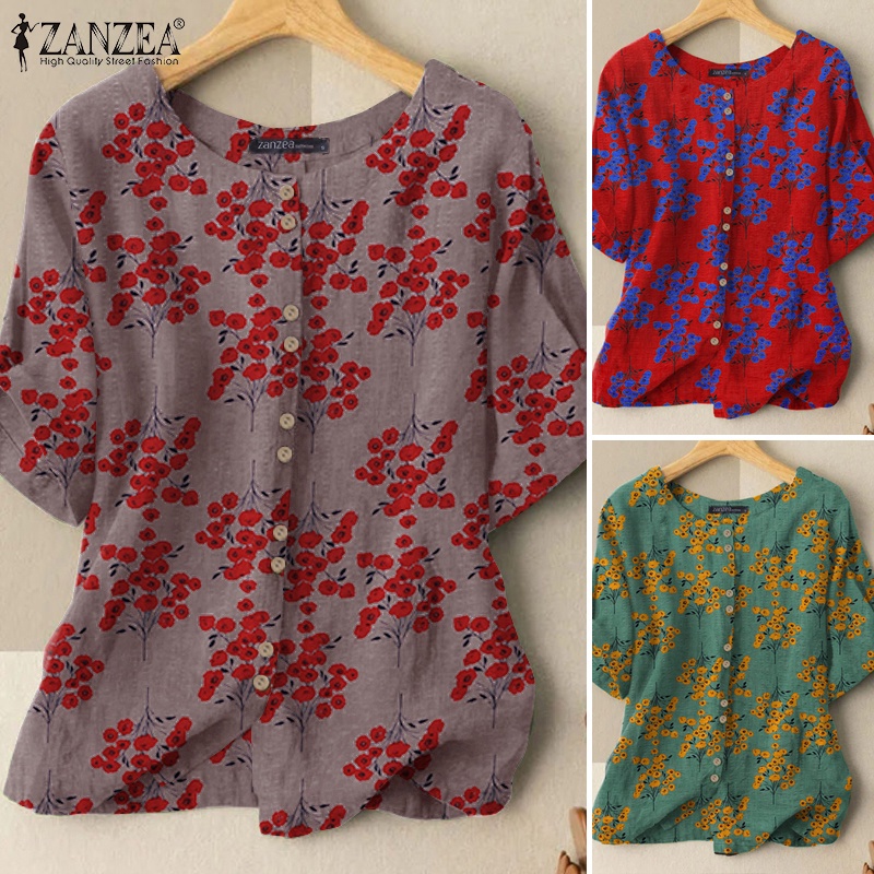 Áo kiểu Zanzea tay ngắn cổ tròn in hoa thời trang cổ điển cho nữ