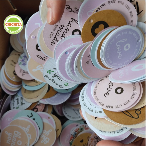 100 Tag giấy hình Tròn 5cm In tag thank you đục lỗ treo phụ kiện hàng có sẵn