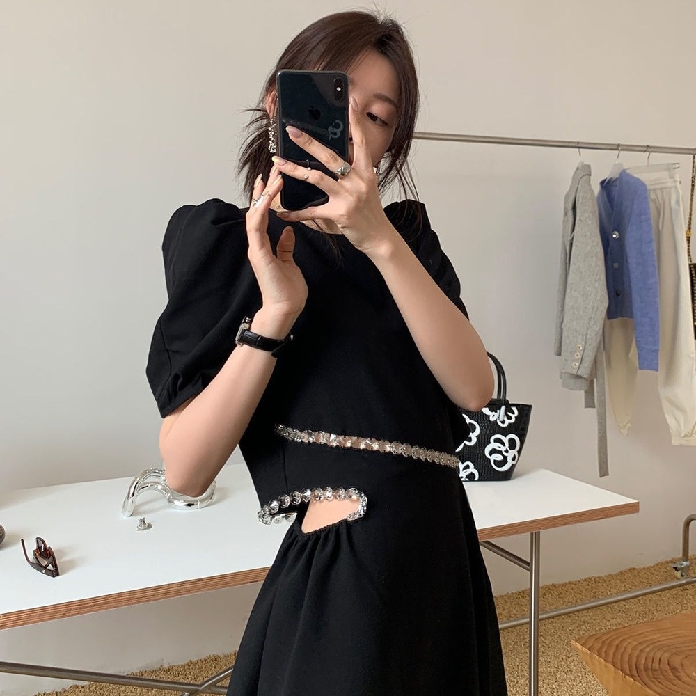 Đầm dáng chữ A chiết eo phong cách Retro Hàn quốc