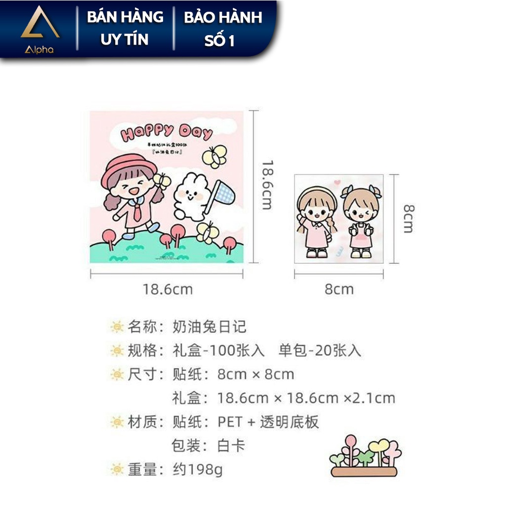 Sticker hoạt hình Alpha, Miếng dán trang trí kích thước 8x8cm