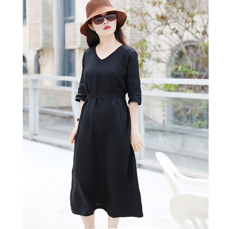(TỔNG KHO LÂM ANH CHUYÊN SỈ) Đầm suông cổ tim tay lỡ, chất vải linen tưng mềm mát, thời trang xuân hè 2022 - Đen