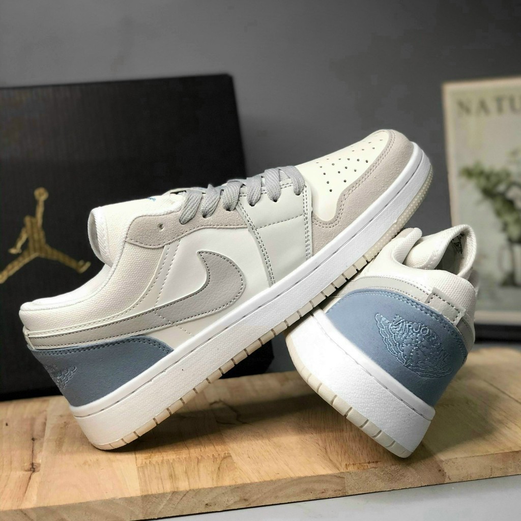 Giày 𝐉𝐨𝐫𝐝𝐚𝐧 1 low paris màu xám gót xanh nam nữ, Giày sneaker JD 1 paris cổ thấp bản đẹp 2021