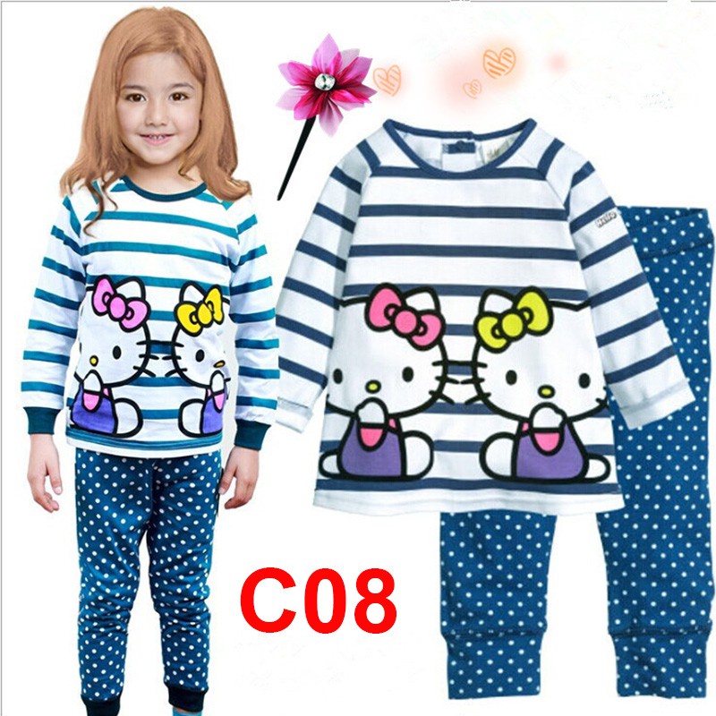 Bộ Đồ Ngủ 2 Món Áo Tay Dài + Quần Dài Vải Cotton In Hoạt Hình Hello Kitty Dễ Thương Cho Bé Gái