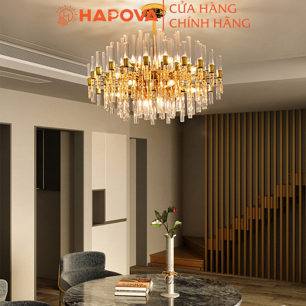 Đèn treo phòng khách pha lê cao cấp HAPOVA LARYS 0967 Kích thước 800mm Tặng bóng E14