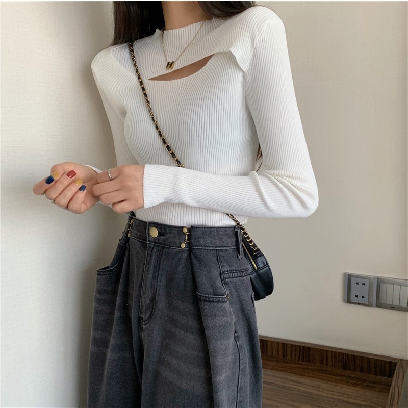 Áo len nữ Chelgy vải tăm co giãn Cổ Khoét cách điệu dài tay phong cách Hàn Quốc CG-ALCK103
