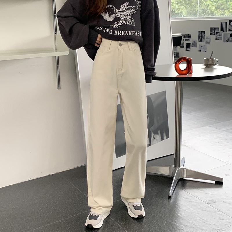 LEEVA - Quần jeans nữ dáng dài ống suông màu kem cá tính Q046