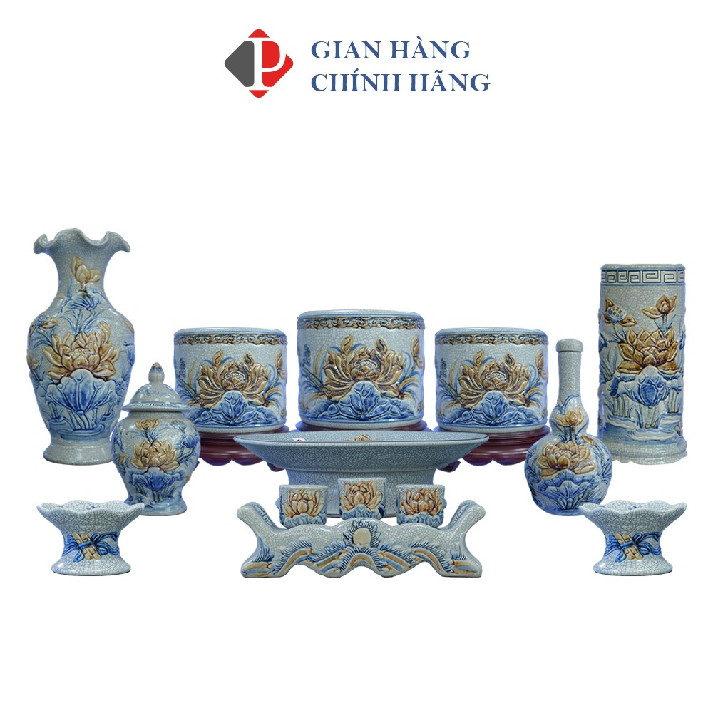 Bộ đồ thờ thổ công số 5 gồm 3 bát hương men rạn đắp nổi họa tiết sen, đồ cúng Phùng Gia - Gốm sứ Bát Tràng cao cấp
