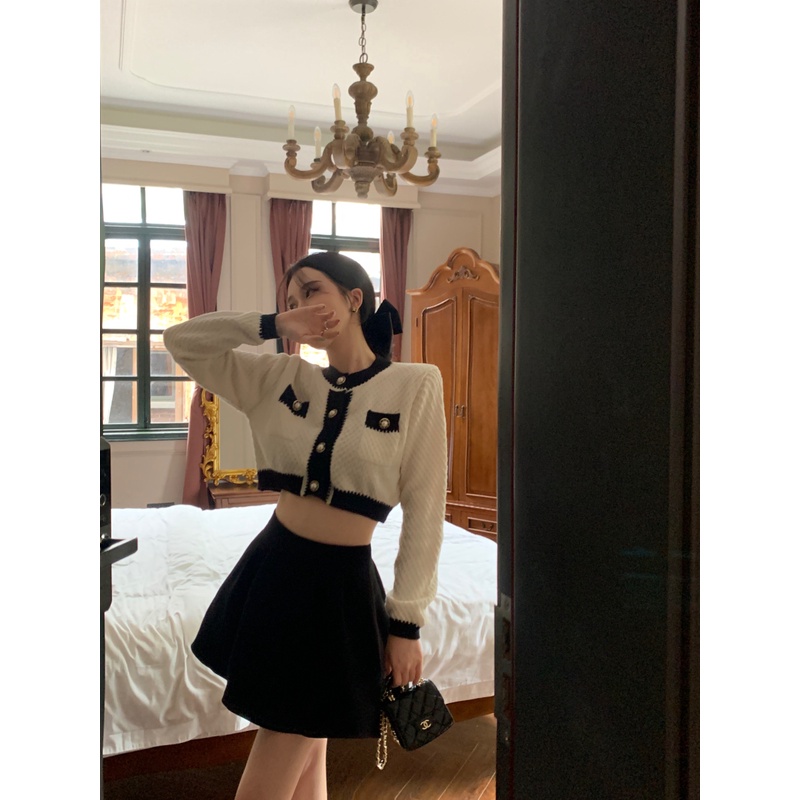 Áo Khoác cardigan Dệt Kim Dáng Ngắn Tay Dài Ghép Nối Màu Sắc Tương Phản Kiểu Pháp Thời Trang