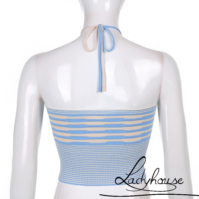 LDD-Women´s Halterneck Tank Tops, Sleeveless Stripe Printed Slim Fit Summer Knitted Tanks, One Size
