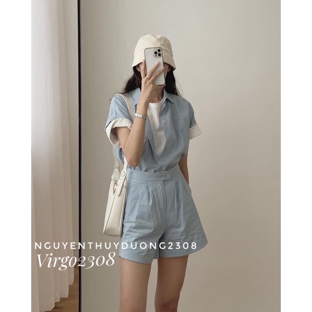 [Ảnh thật/Sẵn]Set áo croptop thô tay gập mix sooc siêu xinh