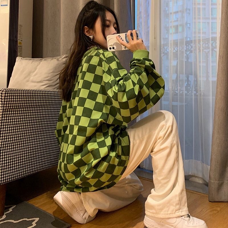 Áo Sweater Tay Dài Dáng Rộng Kẻ Sọc Caro Thời Trang Mỹ Cổ Điển Cá Tính Cho Nữ