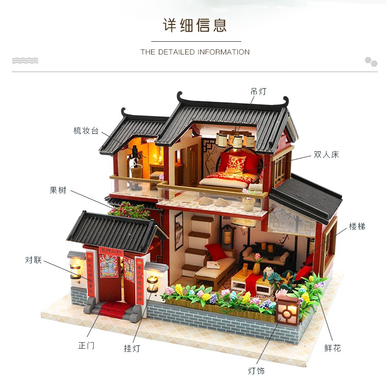 Mô hình nhà gỗ búp bê Tự, Bộ đồ chơi búp bê thu nhỏ với nội thất, làm Nhà thủ công Sưu tầm cho sở thích M95