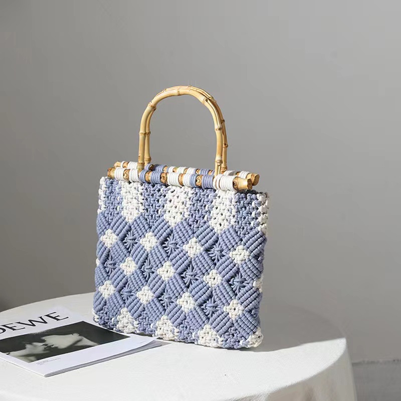 Túi Xách Đan Sợi Tre Cotton Tay Cầm Bằng Tre Phong Cách Mới Cho Nữ