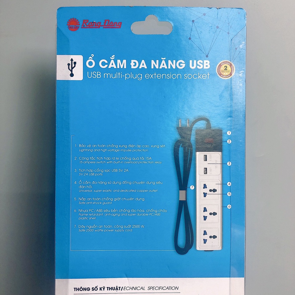 Ổ Cắm Điện Đa Năng Rạng Đông 2 Cổng USB 5V-2A, Ổ Điện Chịu Tải 2500W, công tắc kết hợp rơ le, Bảo hành 12 tháng