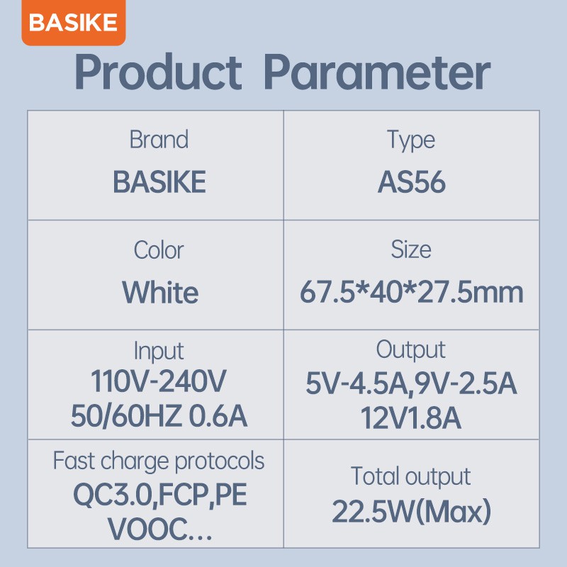 Củ Sạc Nhanh BASIKE AS56 Mini 22.5W QC3.0 Cho iPhone HUAWEI Samsung