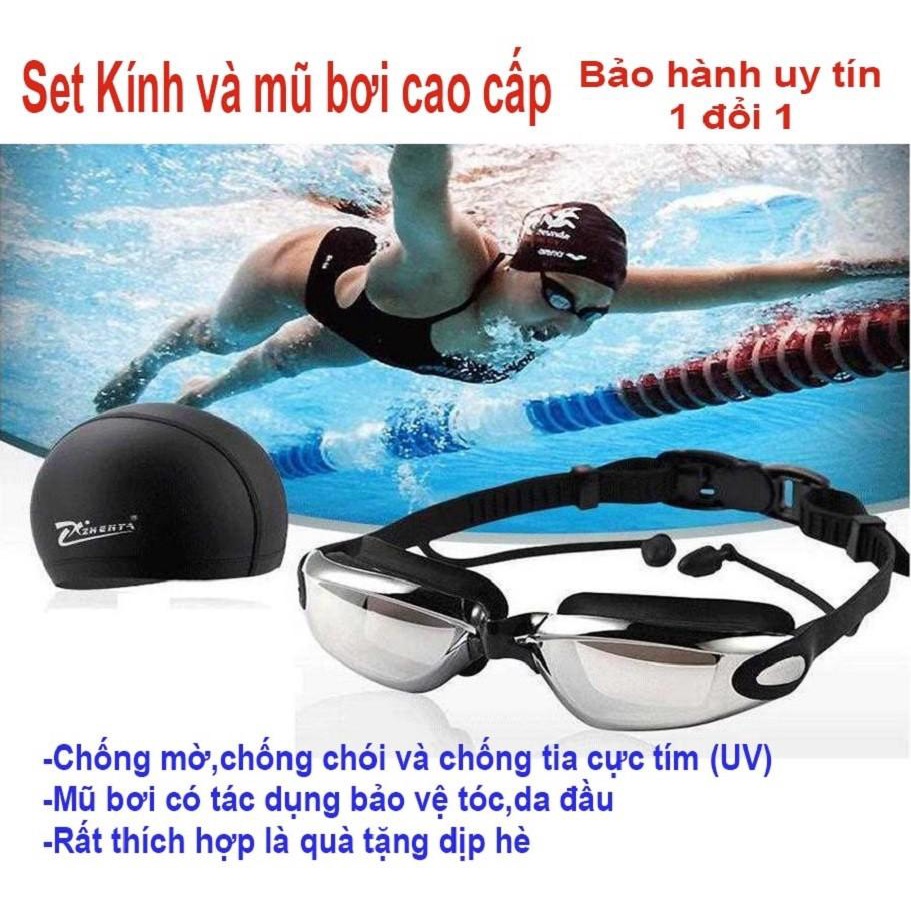 Sét mũ kính bơi, Combo set mũ kèm kính bơi, nút bịt tai, Hàng cao cấp, an toàn cho da, Ôm khít khuôn mặt