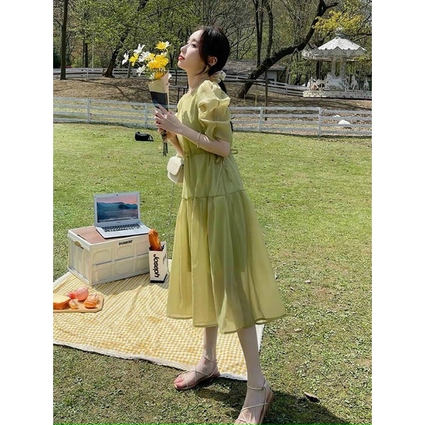 Đầm midi xanh lá voan tơ rút eo