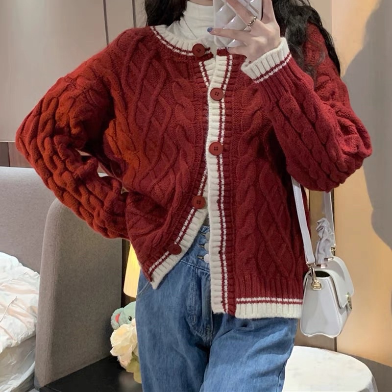 Áo len Cardigan 2 màu trắng đỏ siêu xinh