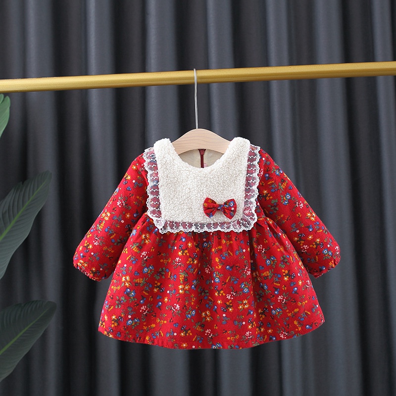 Đầm Dài Tay Thắt Nơ In Hoa Thời Trang Thu Đông Mới Cho Bé Gái