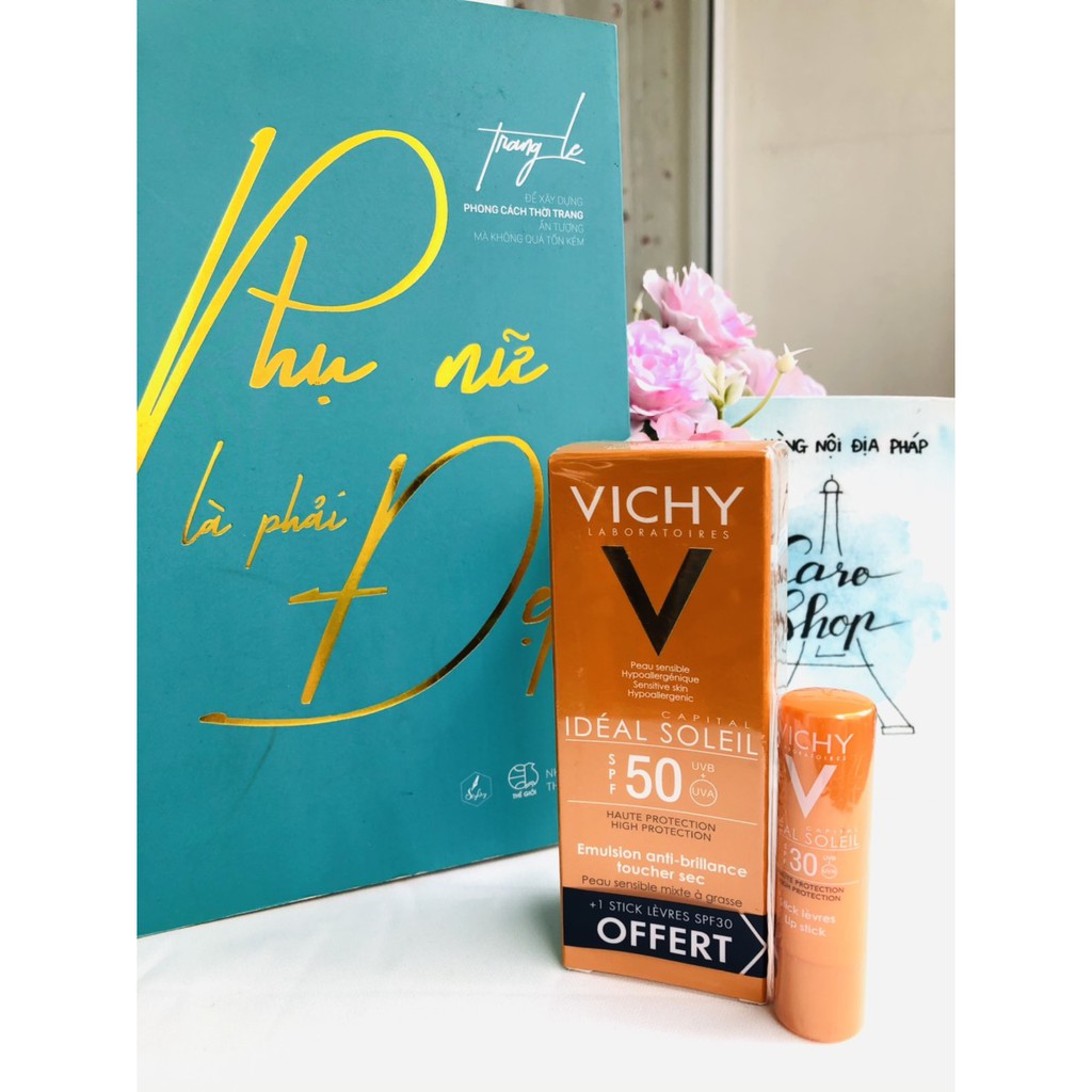 KEM CHỐNG NẮNG VICHY EMULSION ANTI-BRILLANCE SPF50+ TẶNG KÈM SON DƯỠNG và bảo vệ khỏi tia UV cho môi xinh