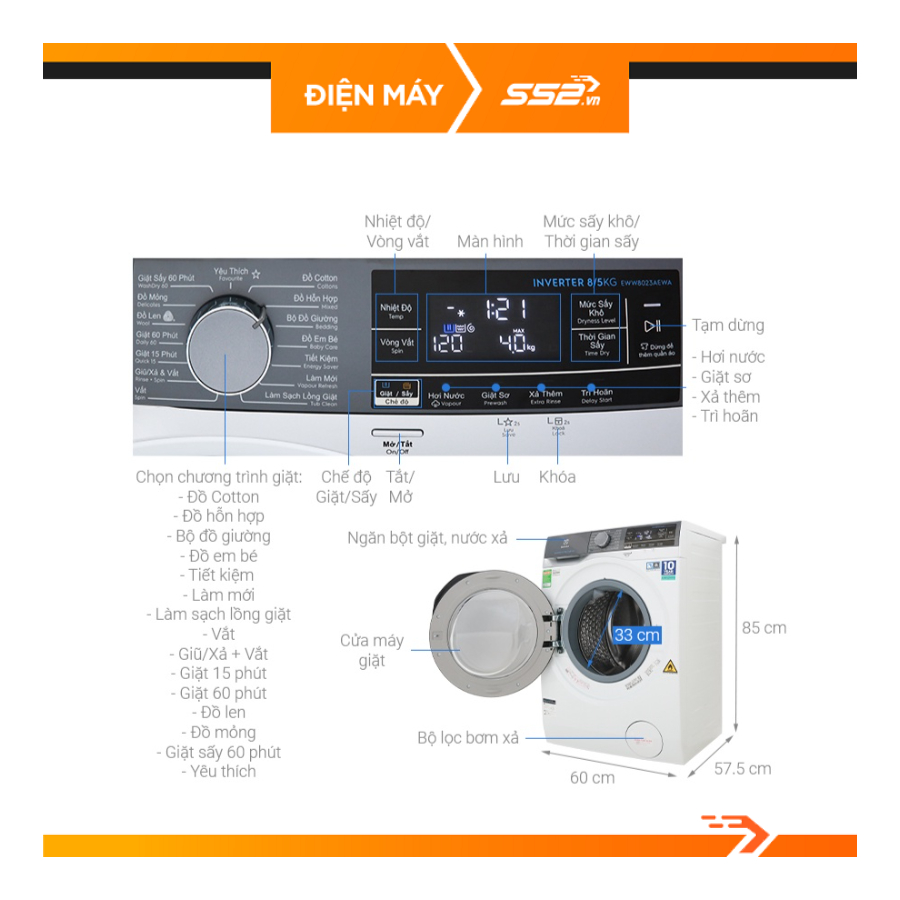 Máy giặt sấy Electrolux Inverter 8 kg EWW8023AEWA - Hàng Chính Hãng