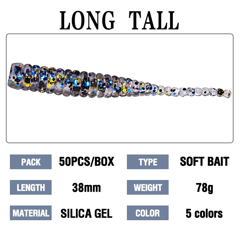 Hộp 50 Mồi Câu Cá Hình Con Sâu Mềm 3.8cm / 0.36g