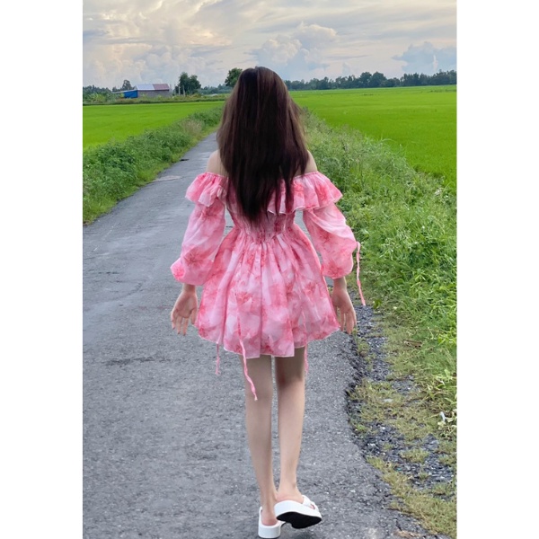 Đầm hoa hai dây rớt vai cao cấp PLD23