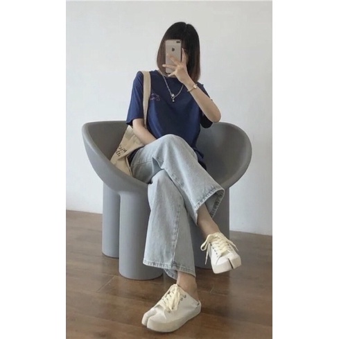 Quần jean nữ phối ren cạp cao ống suông rộng, quần jean nữ hách dáng