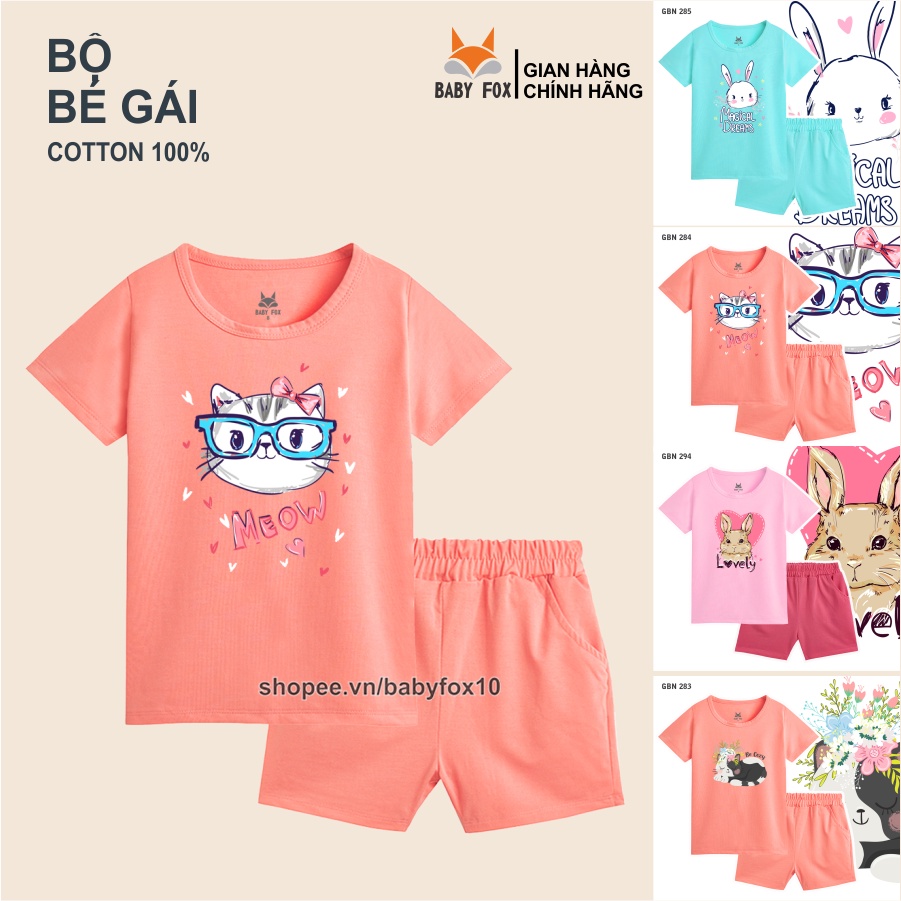 Bộ thun bé gái 100% cotton loại tốt, thương hiệu BABY FOX, in hình mèo, thỏ dễ thương d