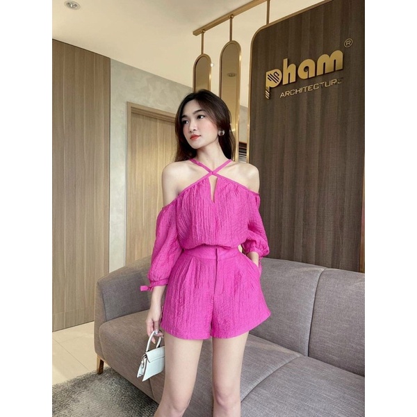 Sét đùi cổ yếm hở vai chất liệu đũi sọc lụa 4 màu thời trang cá tính
