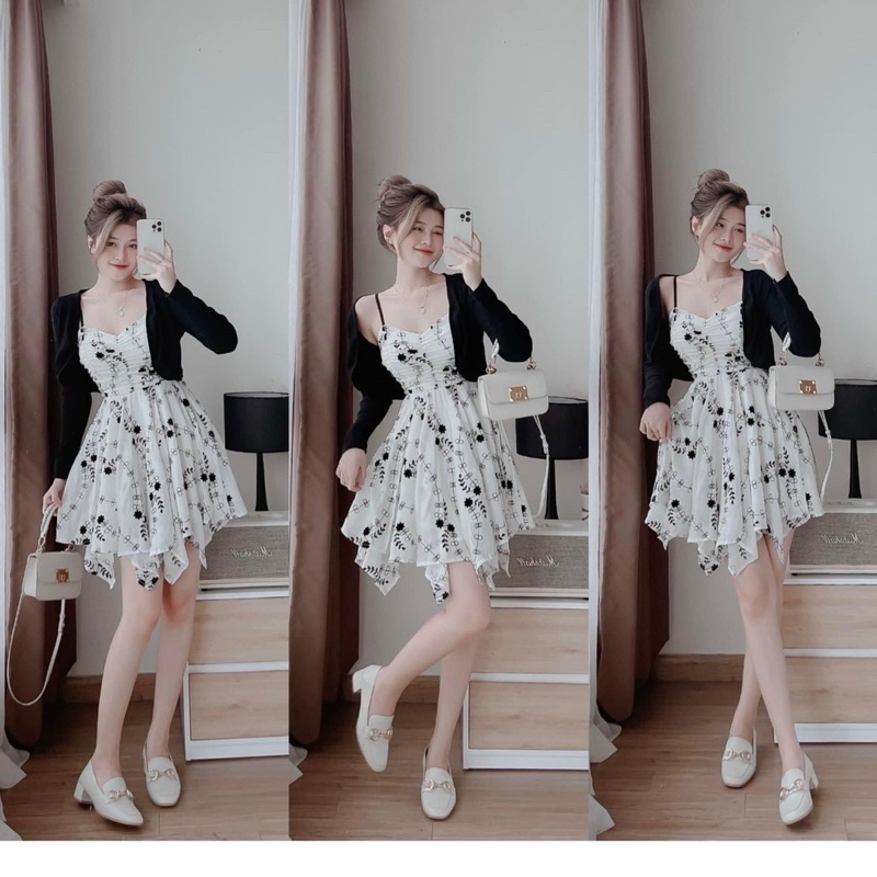 Set Đầm Hoa Hai Day Kèm Áo Khoác Len Cardigan Chần Chun Sau Siêu Xinh
