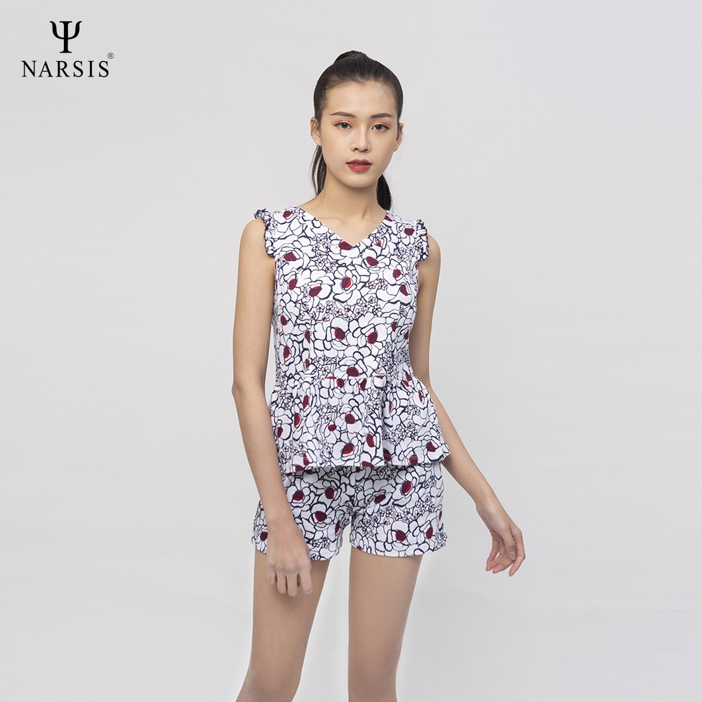 Bộ đồ hè nữ cộc tay sát nách vai bèo Narsis M0013 thiết kế họa tiết  trắng hoa văn tím than đỏ