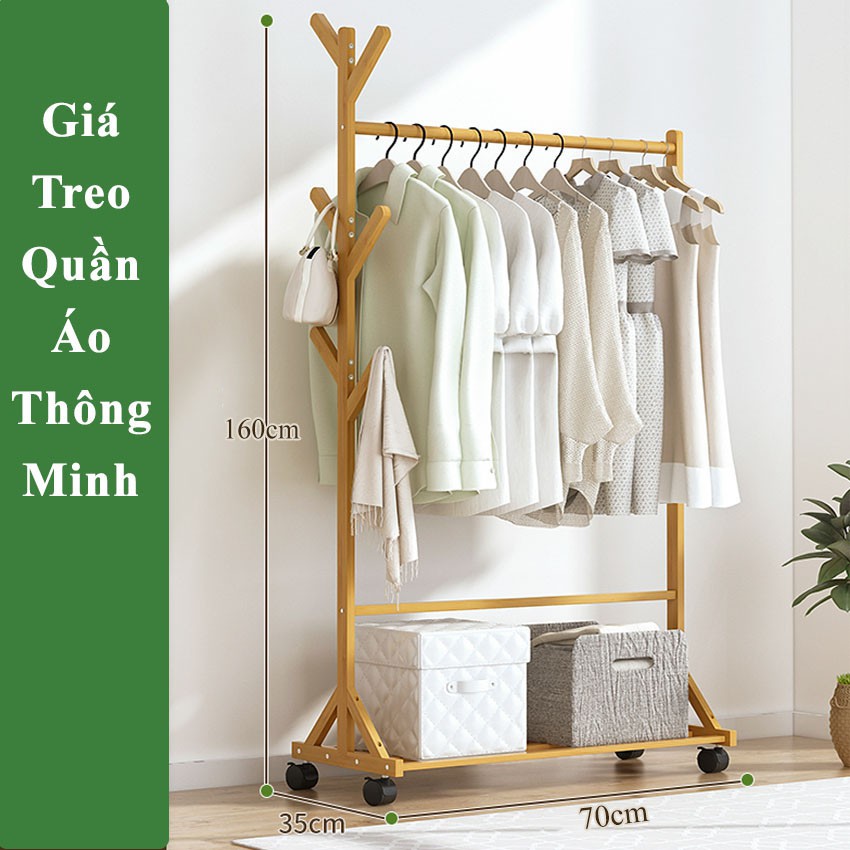 Cây Treo Quần Áo Đứng Bằng Gỗ, Kệ Treo Quần Áo Có Bánh Xe Nội Thất Phòng Ngủ Cao Cấp LEON OFFICIAL