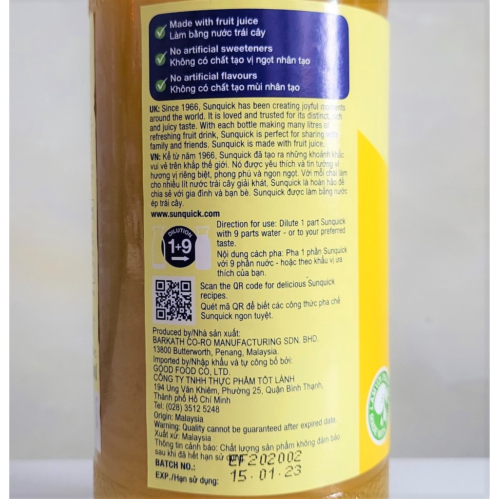 [Chai 840ml – CHANH] NƯỚC ÉP CÔ ĐẶC [Malaysia] SUNQUICK Lemon Fruity and Refreshing (halal)