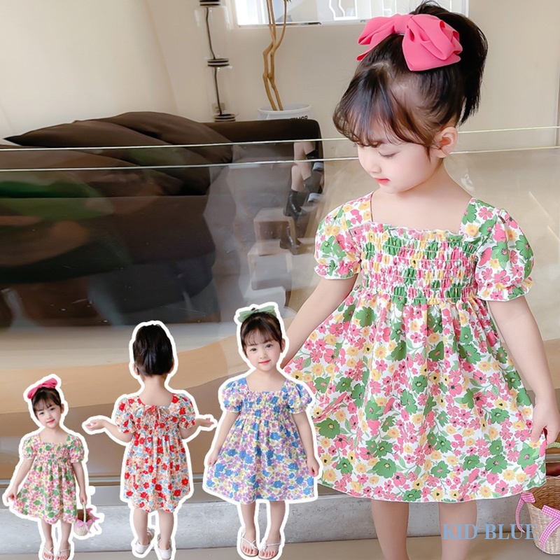 Đầm Hoa Cổ Vuông Tay Phồng Thời Trang Phương Tây Dễ Thương Cho Bé Gái