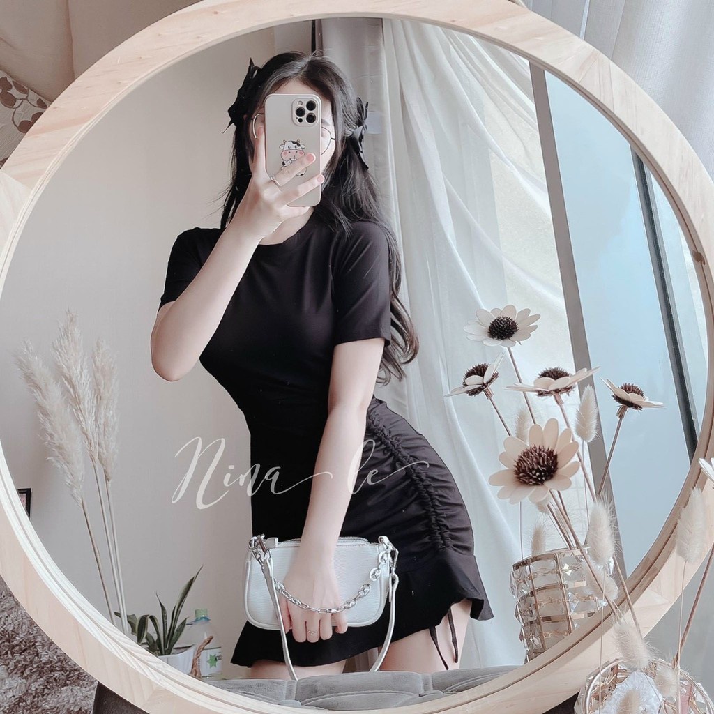 Váy Đuôi Cá Rút - Đầm Body Thun Tăm Tay Ngắn Cổ Tròn Rút Dây Cao Cấp