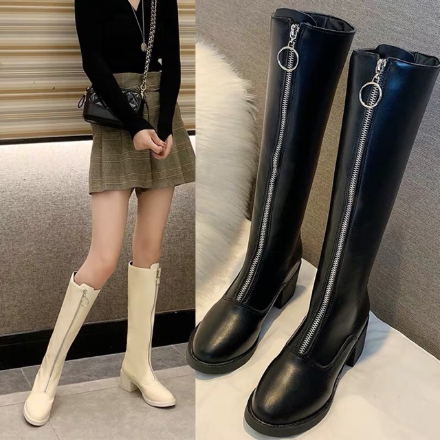 Giày boots nữ cổ cao đế bằng khóa trước da bóng cao cấp - Giày boot nữ cổ cao đế vuông sành điệu [order 7-15 ngày]