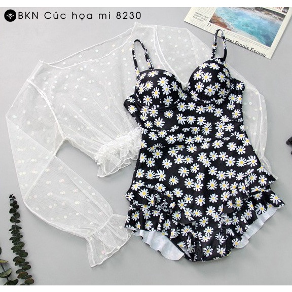 Bikini liền mảnh hoa cúc SIÊU XINH kèm áo khoác lưới xinh xắn cho các nàng