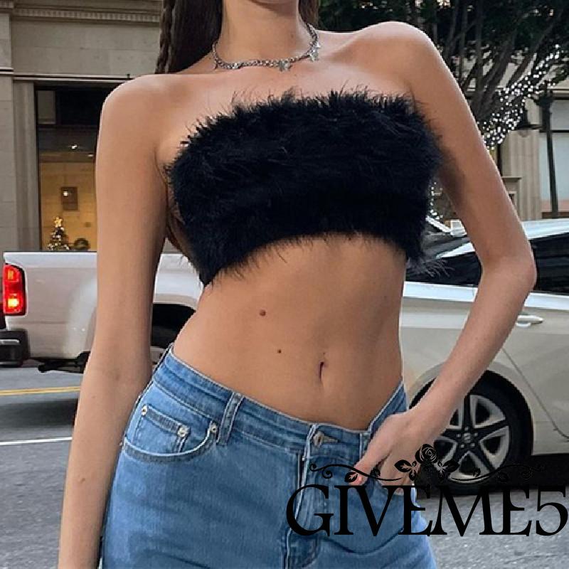 Áo Ống Cúp Ngực Bằng Vải Lông Màu Trơn Phối Khóa Kéo Sau Lưng Thời Trang Quyến Rũ Cho Nữ