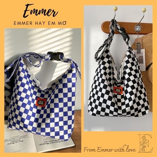 Túi tote caro unisex, túi canvas đeo vai, đeo chéo dây điều chỉnh được, đựng vừa A4, ipad Emmer191