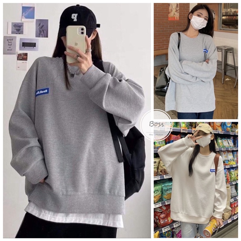 [QUÀ TẶNG 1 DÂY BUỘC TÓC] Áo Nỉ Sweeter Form Rộng Dài Tay Logo Ngực Cổ Tròn Trắng Xám