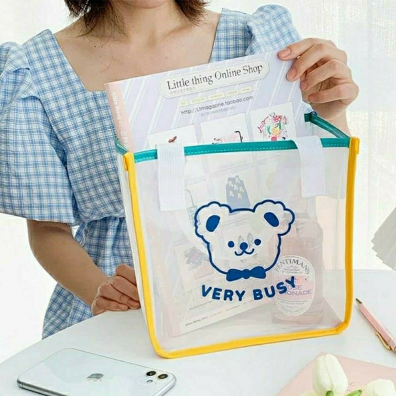 (Order 20 ngày) Túi xách pvc trong suốt đựng cơm trưa loại to Bentoy Milkjoy gấu very busy 7 màu