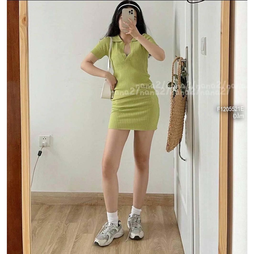 Đầm ôm body len cổ tim bẻ tay ngắn hàng QC!
