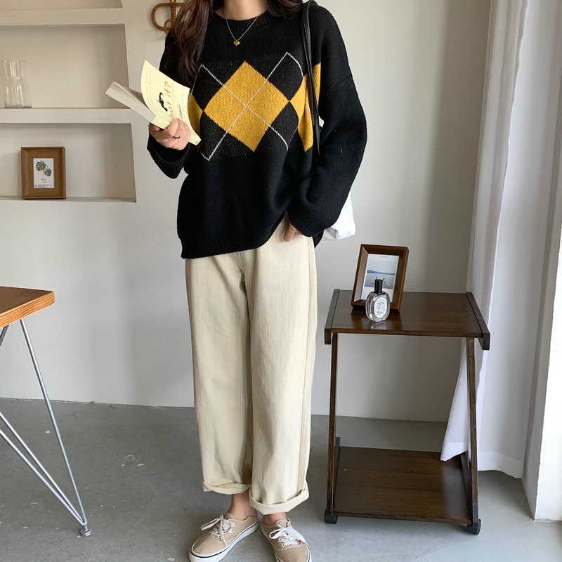 Áo len SUXI cổ tròn dáng rộng họa tiết sọc caro thiết kế mới thời trang mùa thu theo phong cách hàn quốc cho nữ