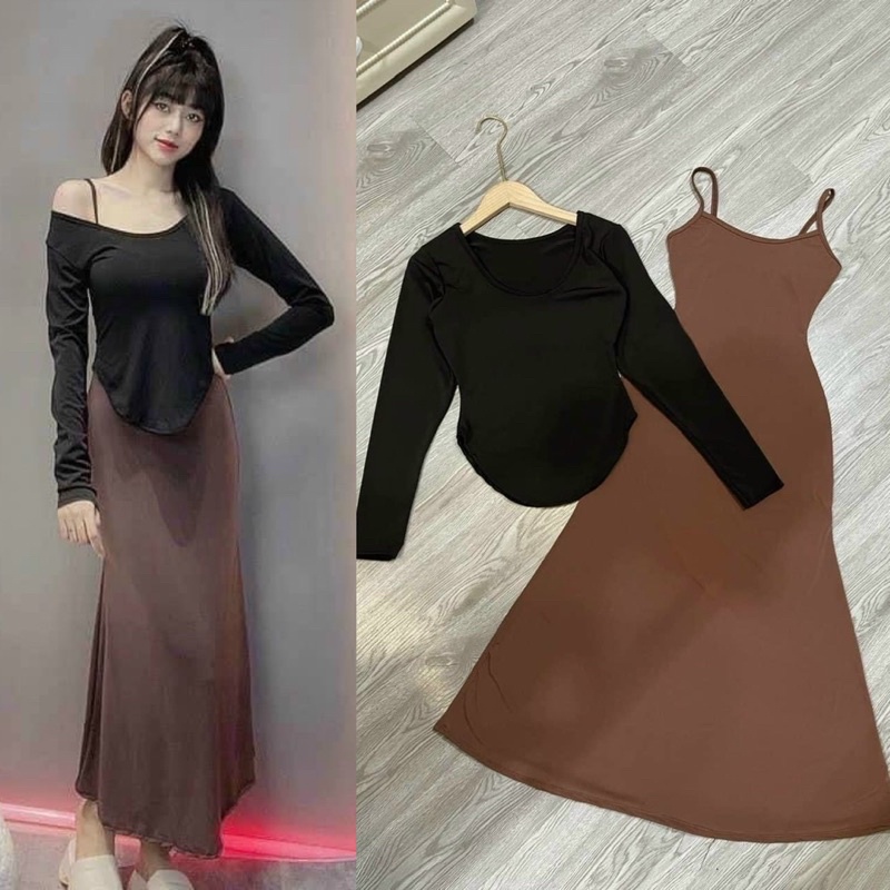 Set đầm nâu ôm body loe 2 dây + áo đen tay dài, thời trang hotgirl sang trọng quyến rũ gợi cảm tôn dáng đi chơi dạo phố