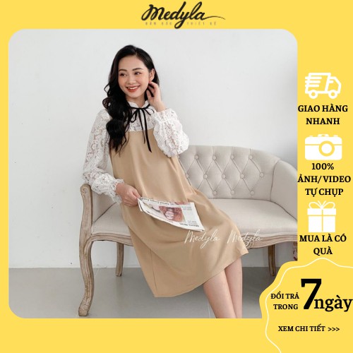 Váy bầu thu đông 1 lớp trượt lụa dày phối ren cúc thật cài trước phù hợp cho mẹ đi chơi, đám cưới, dự tiệc - V351